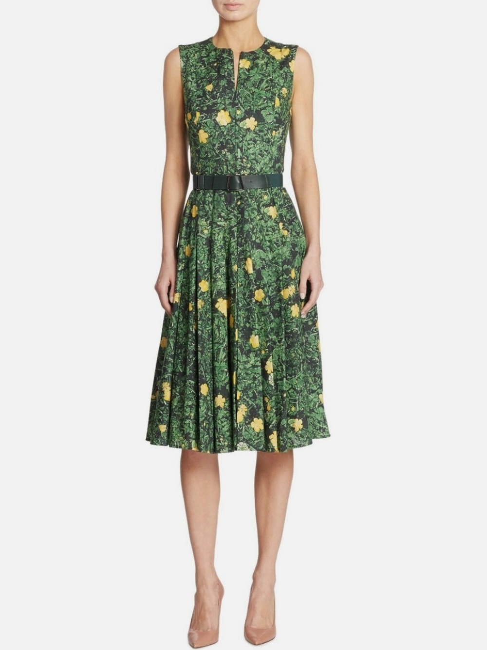 AKRIS Buttercup Floral Print A-line Dress Size 8 Green Yellow Cotton Voile Chic - Picture 3 of 11